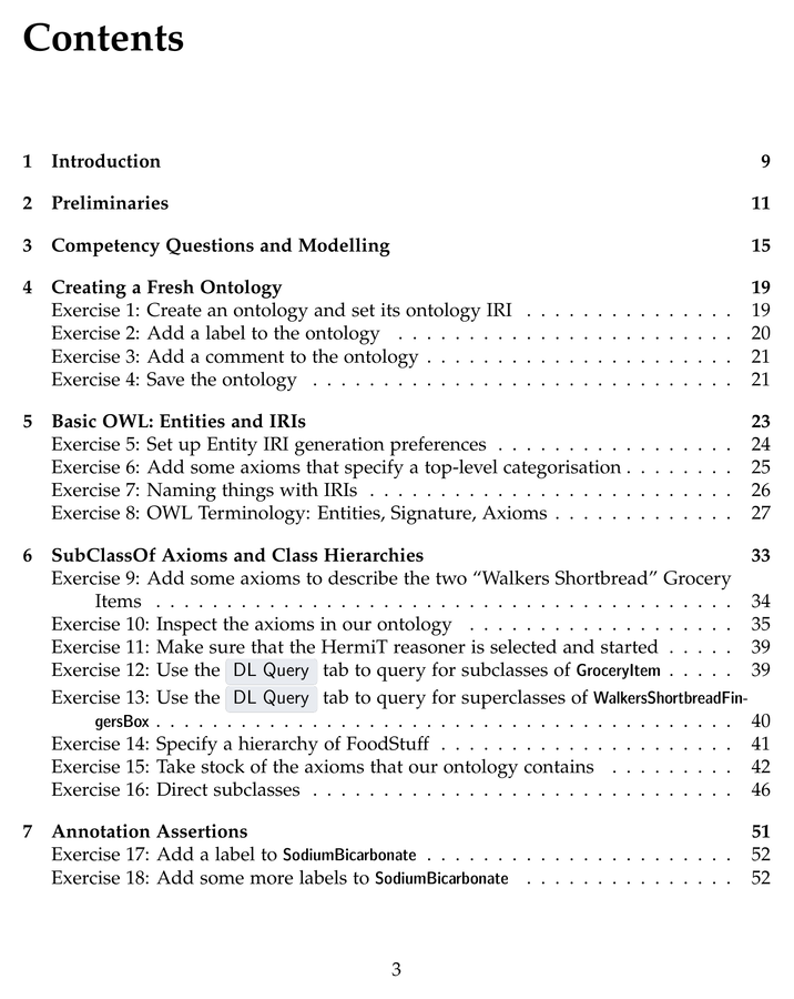Page from the Protégé Short Course manual: 23 chapters, 111 exercises