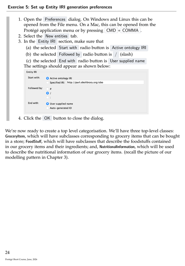 Page from the Protégé Short Course manual: Step-by-step Protégé